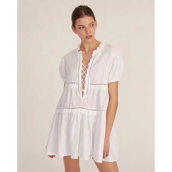Marissa Webb Quincy 100% Linen Puff Sleeve Tie-Front Mini Dress White Women's M - Picture 2 of 6